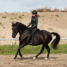 Afbeelding in Gallery-weergave laden, Dressage Rider using Rosie hackamore black rosegold on a black horse during training in a sandy arena.